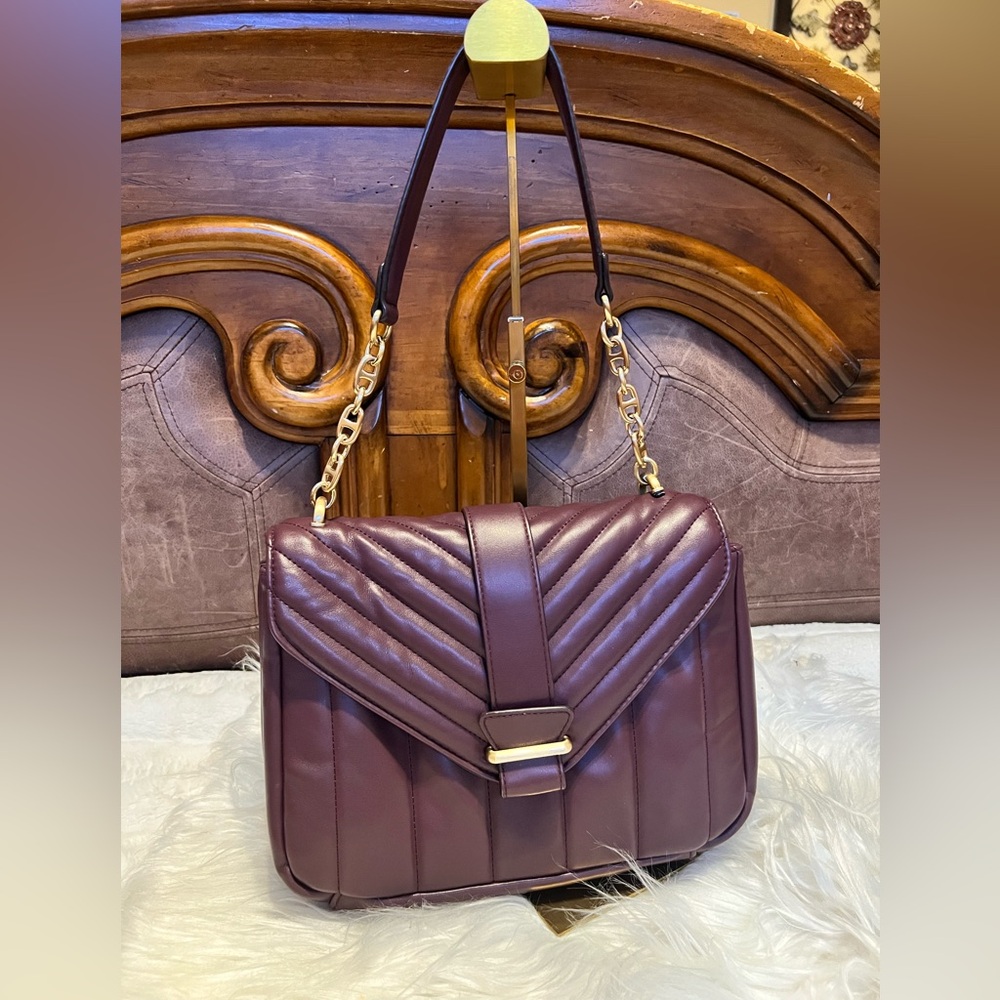 NWOT Quilted Purple Shoulder Bag with Gold Chain Accent